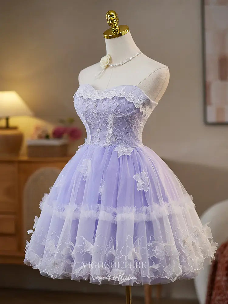 Prom Dresses 2025 to impress Lavender Strapless Lace Homecoming Dress with Layered Tulle Skirt – hc481-vigocouture-vigocouture