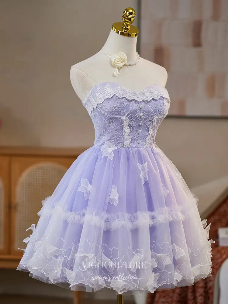 Prom Dresses 2025 to impress Lavender Strapless Lace Homecoming Dress with Layered Tulle Skirt – hc481-vigocouture-vigocouture
