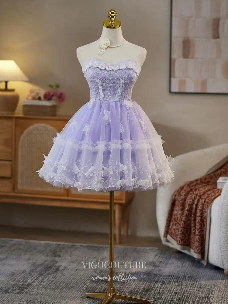 Prom Dresses 2025 to impress Lavender Strapless Lace Homecoming Dress with Layered Tulle Skirt – hc481-vigocouture-Lavender-Custom Size-vigocouture