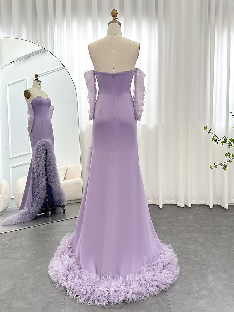 Prom Dress 2025 Lavender Strapless Sheath Prom Dresses with Ruffled Slit Sheer Long Sleeve 24439-unique elegant Prom Dresses-Lavender-Custom Size-vigocouture