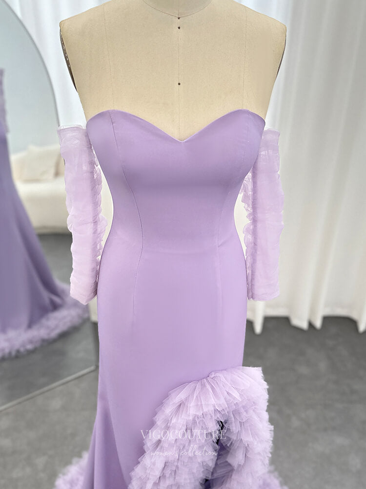 Prom Dress 2025 Lavender Strapless Sheath Prom Dresses with Ruffled Slit Sheer Long Sleeve 24439-unique elegant Prom Dresses-Lavender-Custom Size-vigocouture