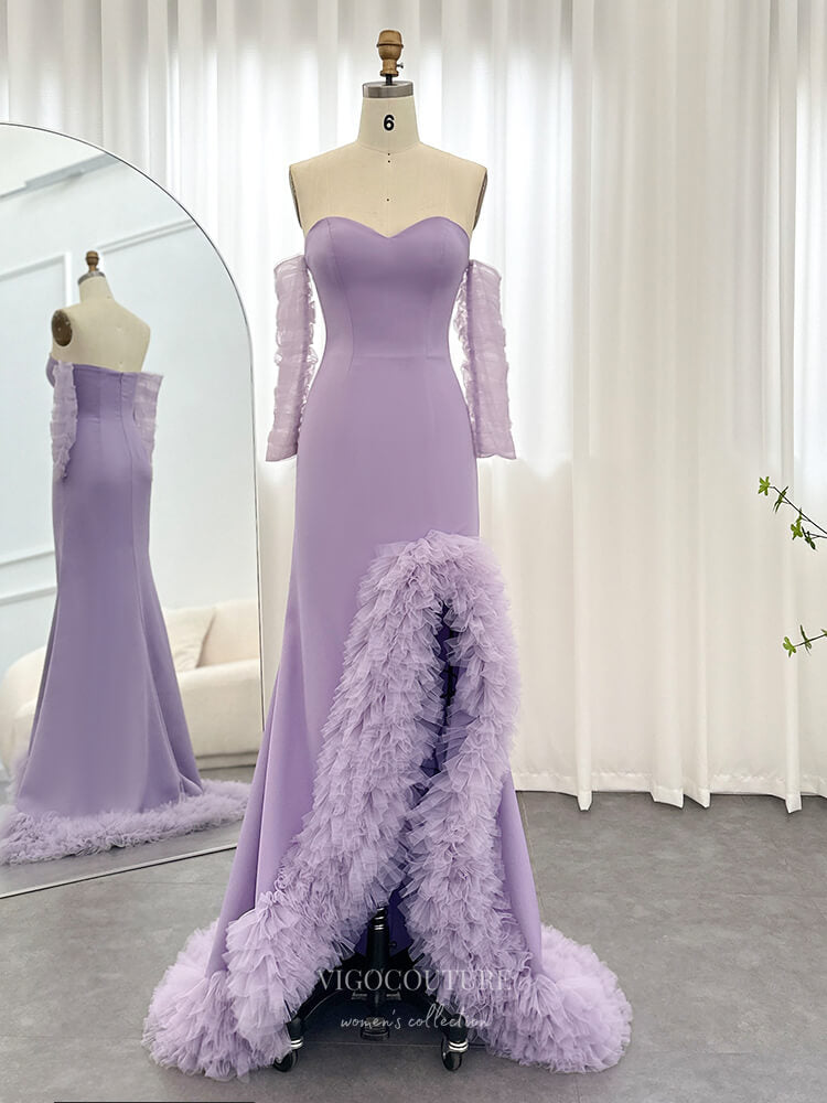 Prom Dress 2025 Lavender Strapless Sheath Prom Dresses with Ruffled Slit Sheer Long Sleeve 24439-unique elegant Prom Dresses-Lavender-Custom Size-vigocouture