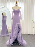 Prom Dress 2025 Lavender Strapless Sheath Prom Dresses with Ruffled Slit Sheer Long Sleeve 24439-unique elegant Prom Dresses-Lavender-Custom Size-vigocouture