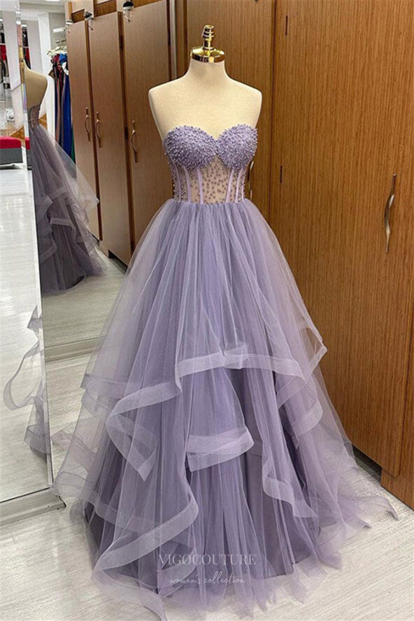 Lavender Tiered Beaded Strapless Prom Dresses 2024 Sheer Boned Bodice –  vigocouture