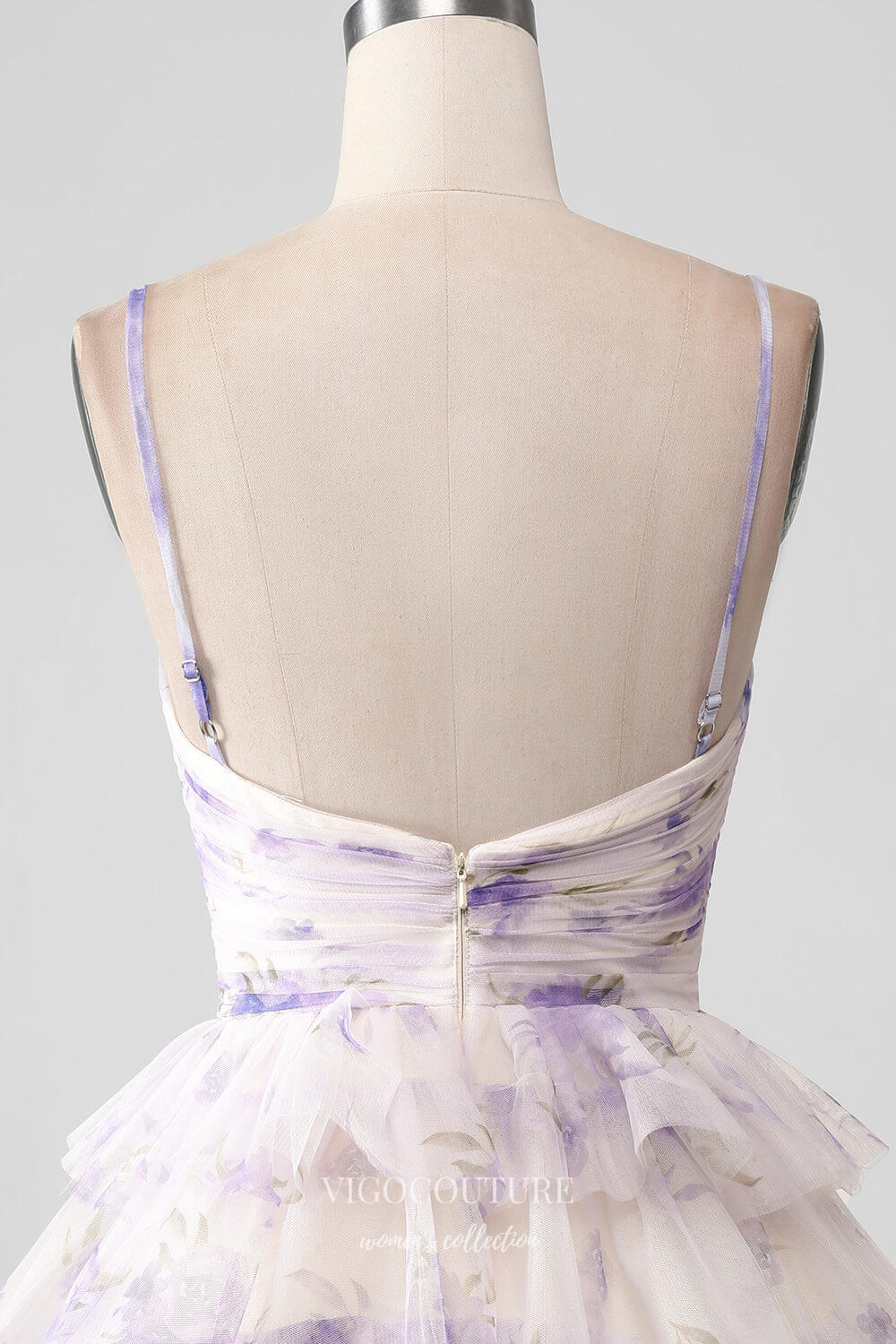 Short Prom Dresses 2025 Lavender Tiered Floral Print Homecoming Dresses Spaghetti Strap Back to School Dress hc392-Prom Dresses-vigocouture-vigocouture