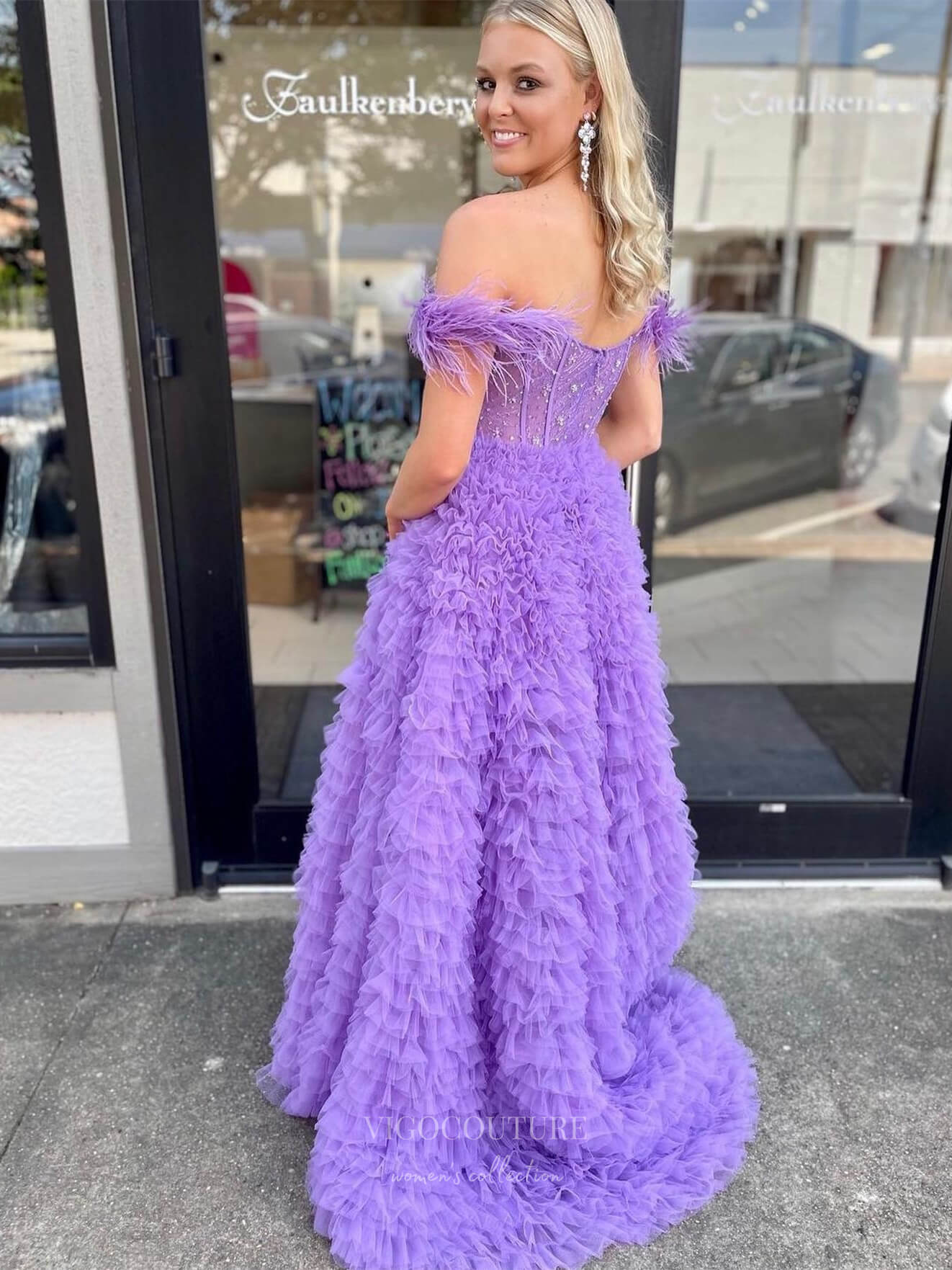 Prom Dress 2025 Lavender Tiered Ruffled Prom Dresses with Slit Feather Beaded Sheer Bodice 24331-unique elegant Prom Dresses-Lavender-Custom Size-vigocouture