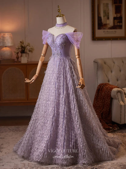 Prom Dresses 2025 to impress Lavender Tinsel Fringe Formal Dress with Rhinestone Beaded Bodice - 26132-vigocouture-vigocouture