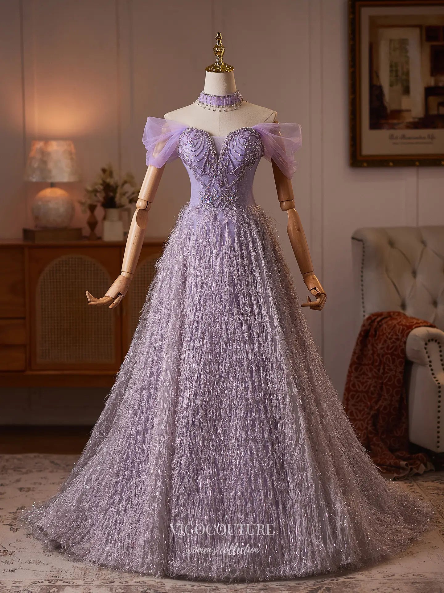 Prom Dresses 2025 to impress Lavender Tinsel Fringe Formal Dress with Rhinestone Beaded Bodice - 26132-vigocouture-vigocouture