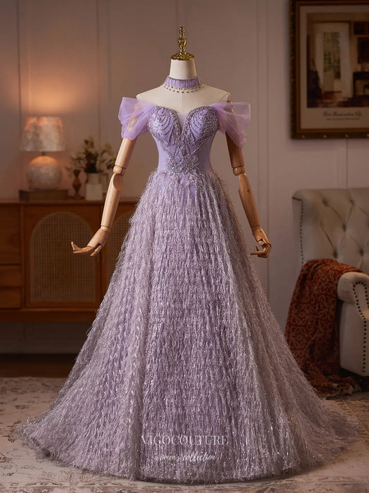 Prom Dresses 2025 to impress Lavender Tinsel Fringe Formal Dress with Rhinestone Beaded Bodice - 26132-vigocouture-vigocouture