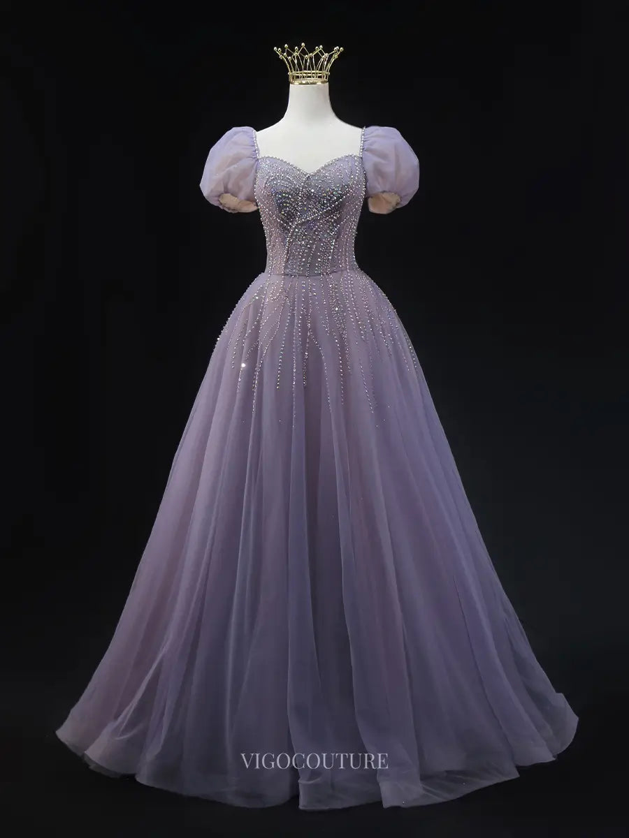 Prom Dresses 2025 to impress Lavender Tulle Prom Dresses with Puffed Sleeve, Beaded Lace, Formal Dresses SU014-vigocouture-Lavender-Custom Size-vigocouture