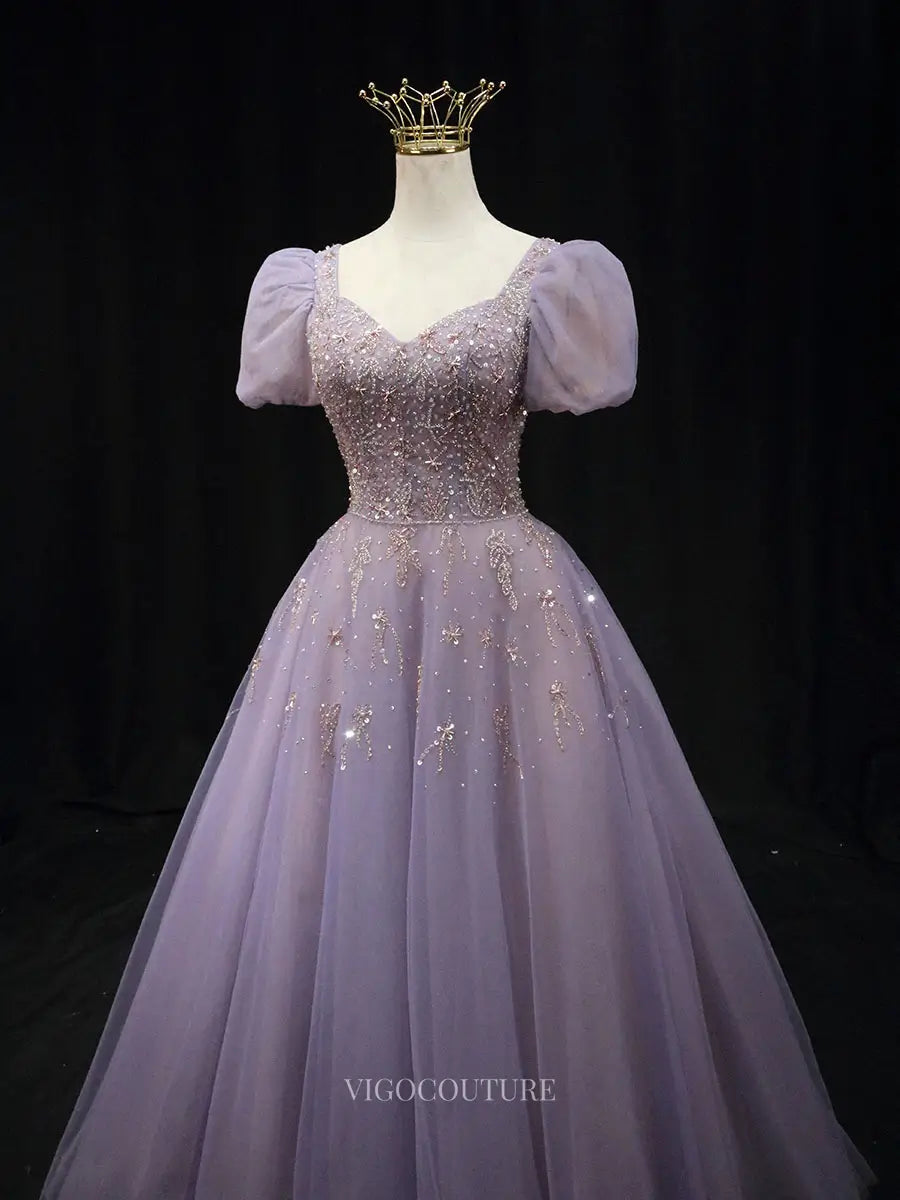 Prom Dresses 2025 to impress Lavender Tulle Prom Dresses with Puffed Sleeve, Beaded Lace, Princess Dresses SU048-vigocouture-vigocouture