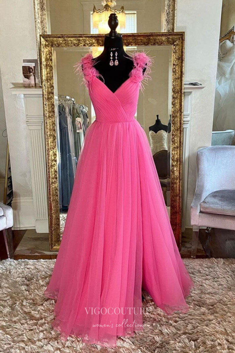 Prom Dress 2025 Lavender Tulle Prom Dresses With Slit Off the Shoulder Formal Gown 21857-unique elegant Prom Dresses-Pink-US2-vigocouture