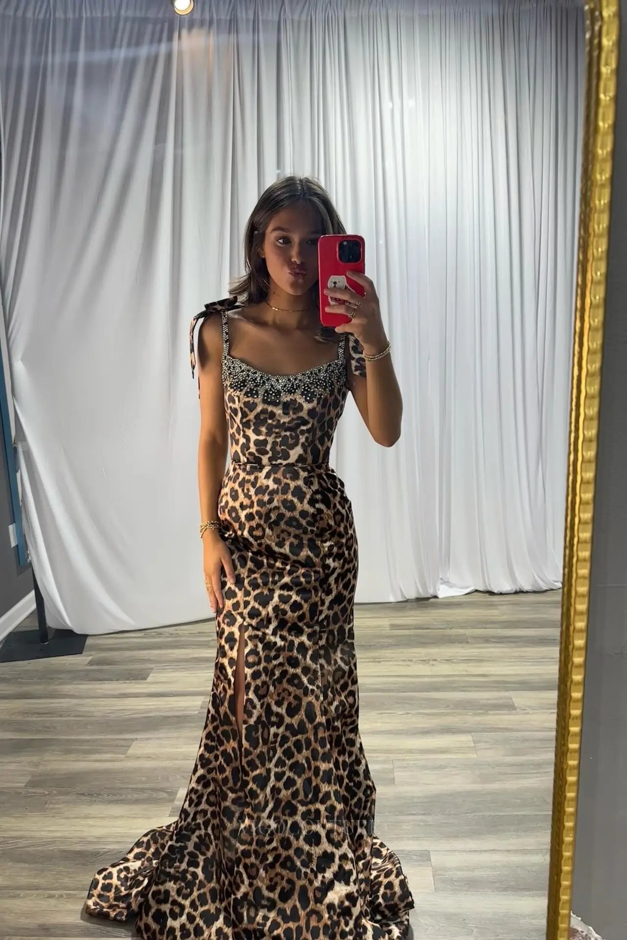 Prom Dresses 2025 to impress Leopard Print Mermaid Prom Dress with Beaded Neckline, Tie Straps & High Slit – 26109-vigocouture-vigocouture