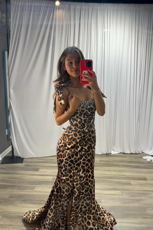 Prom Dresses 2025 to impress Leopard Print Mermaid Prom Dress with Beaded Neckline, Tie Straps & High Slit – 26109-vigocouture-vigocouture