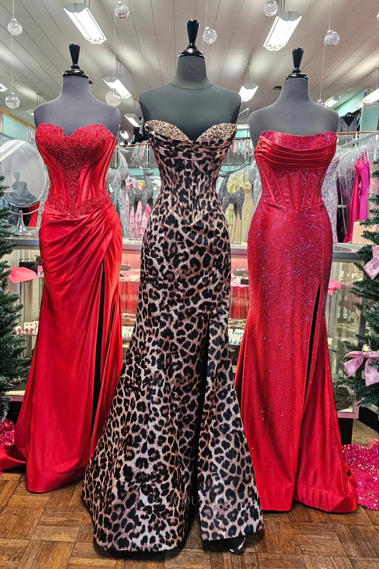 Leopard Print Strapless Corset Prom Dress with Beaded Bust
