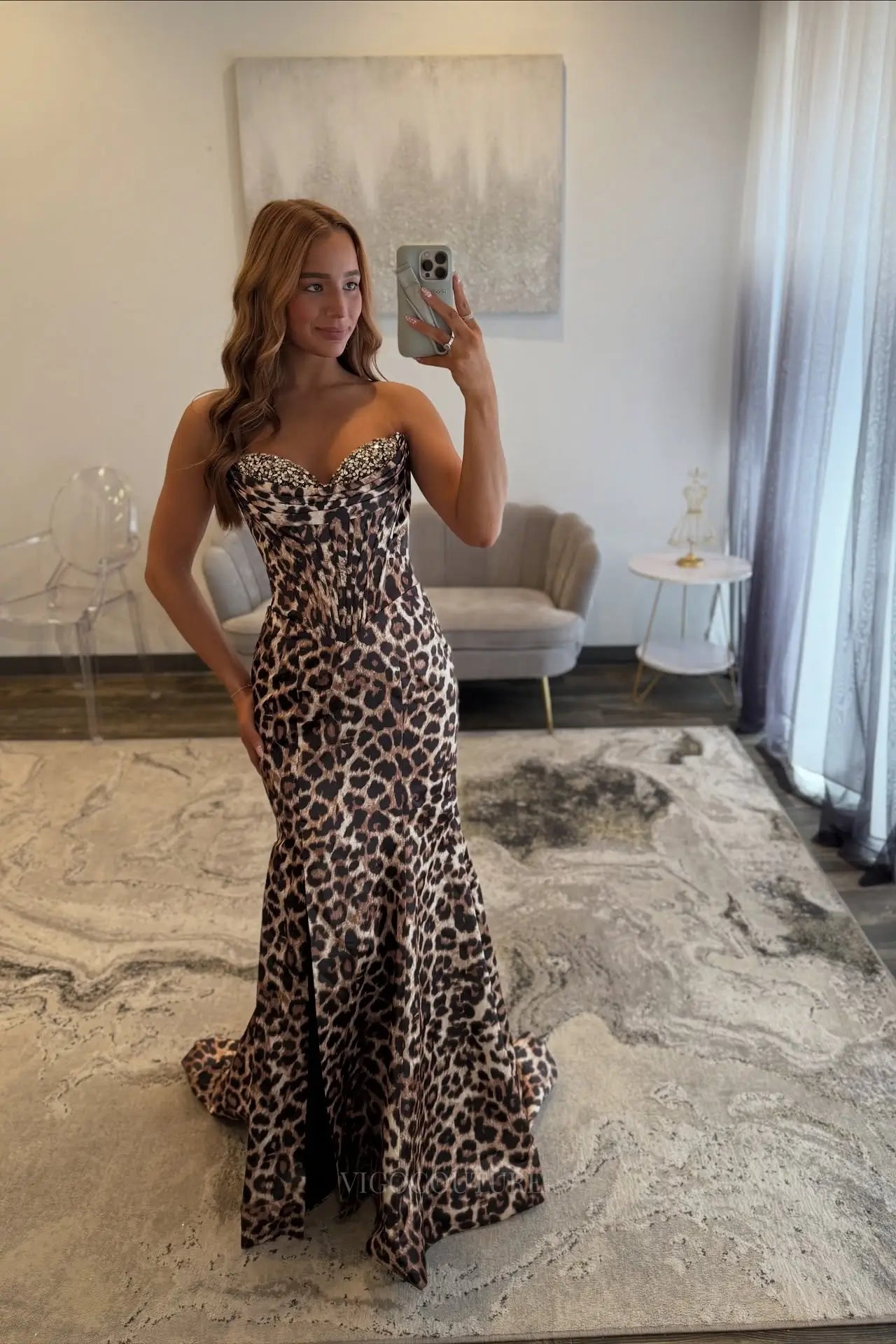 Leopard Print Strapless Corset Prom Dress with Beaded Bust