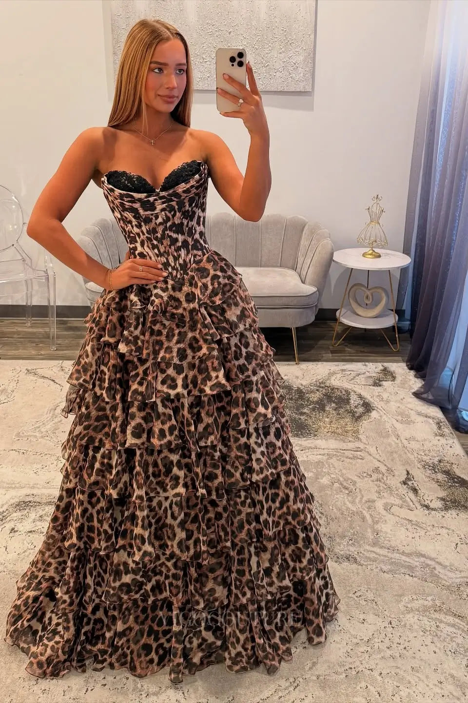 Prom Dresses 2025 to impress Leopard Print Strapless Corset Prom Dress with Tiered Ruffle Skirt and High Slit – 26106-vigocouture-vigocouture