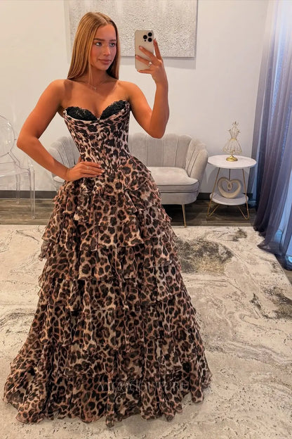 Prom Dresses 2025 to impress Leopard Print Strapless Corset Prom Dress with Tiered Ruffle Skirt and High Slit – 26106-vigocouture-vigocouture