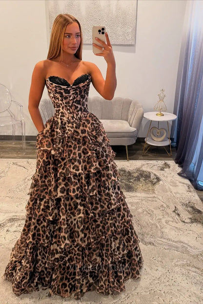 Prom Dresses 2025 to impress Leopard Print Strapless Corset Prom Dress with Tiered Ruffle Skirt and High Slit – 26106-vigocouture-vigocouture