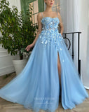 Prom Dress 2025 Light Blue 3D Flower Prom Dresses with Pockets Spaghetti Strap Floral Formal Dress with Slit 24496-unique elegant Prom Dresses-Light Blue-Custom Size-vigocouture