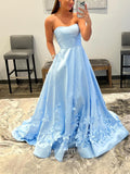 Light Blue 3D Flowers Prom Dresses With Pockets Strapless Evening Dress 21566