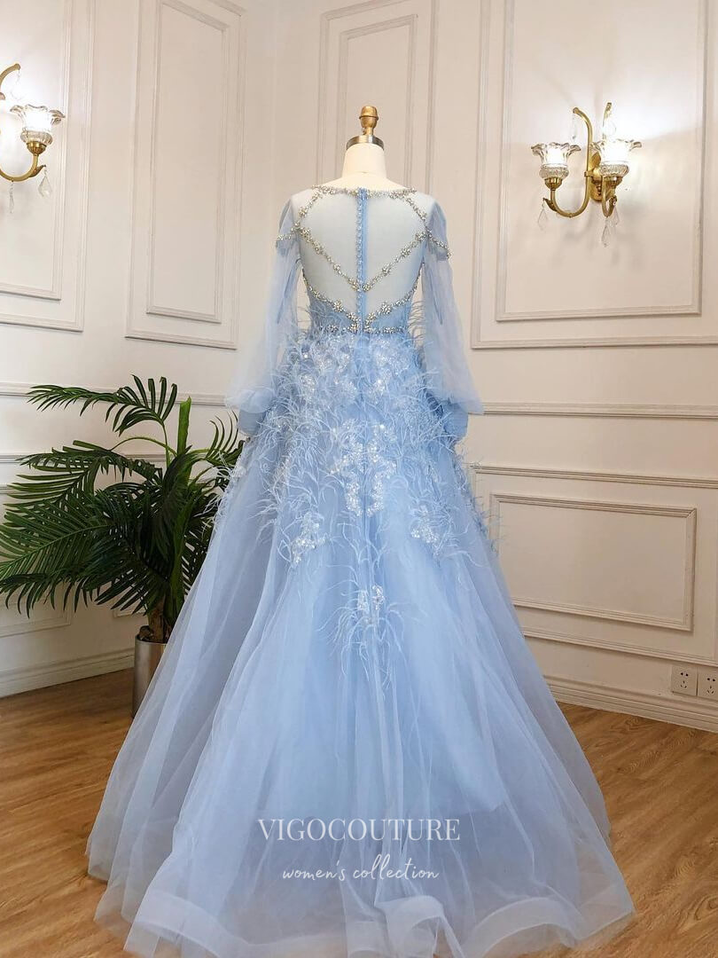 Prom Dress 2025 Light Blue Beaded Feather Prom Dresses Long Puffed Sleeve Evening Dress 22100-unique elegant Prom Dresses-Light Blue-US2-vigocouture