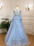 Prom Dress 2025 Light Blue Beaded Feather Prom Dresses Long Puffed Sleeve Evening Dress 22100-unique elegant Prom Dresses-Light Blue-US2-vigocouture