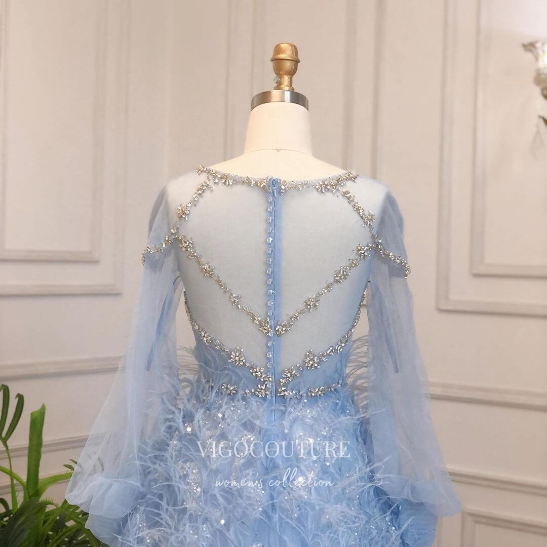 Light Blue Beaded Feather Prom Dresses Long Puffed Sleeve Evening Dres vigocouture Light Blue Beaded Feather Prom Dresses Long Puffed Sleeve Evening Dres vigocouture