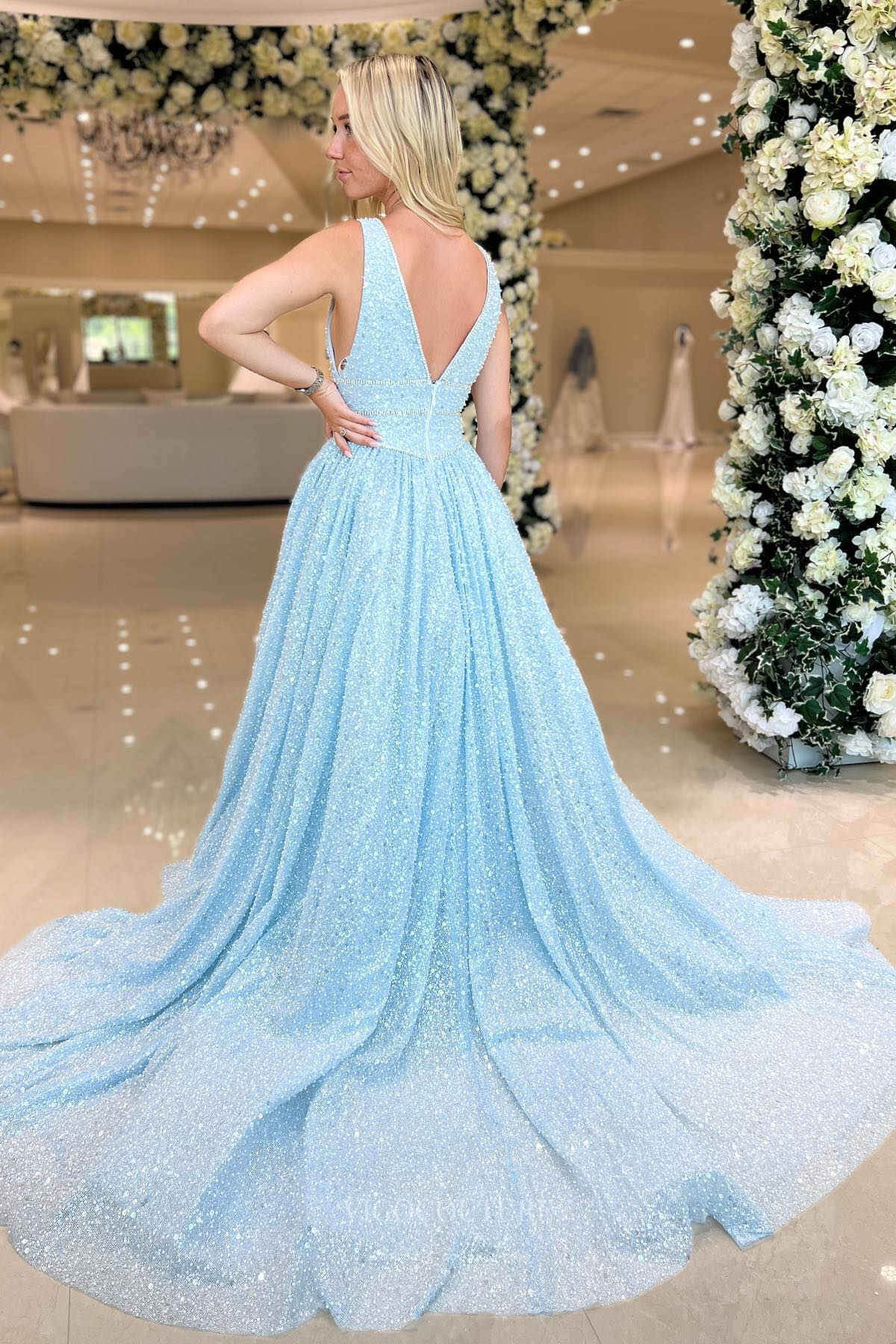 Light Blue Beaded Lace Prom Dresses 2024 Plunging V-Neck 24280 Light Blue Beaded Lace Prom Dresses 2024 Plunging V-Neck 24280