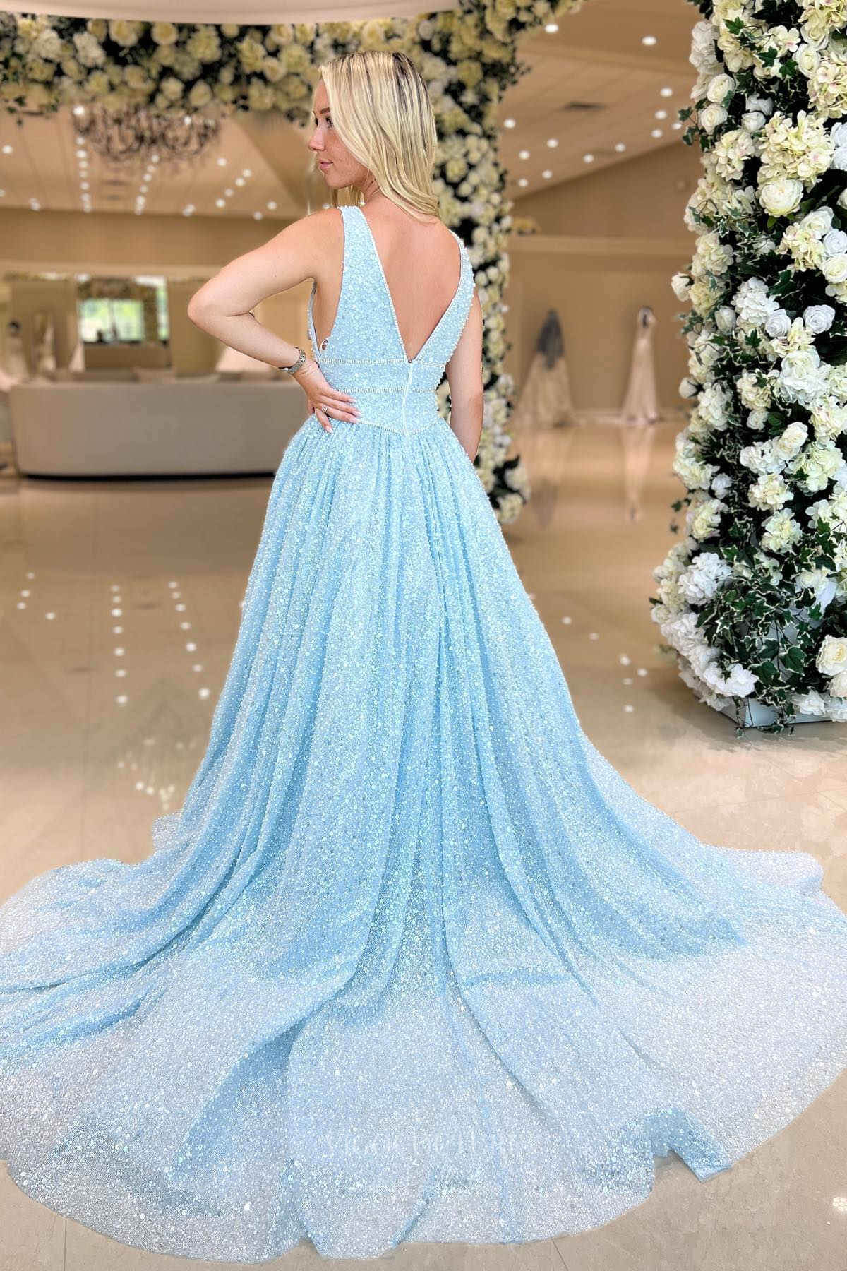 Prom Dress 2025 Light Blue Beaded Lace Prom Dresses 2024 Plunging V-Neck 24280-unique elegant Prom Dresses-Light Blue-Custom Size-vigocouture