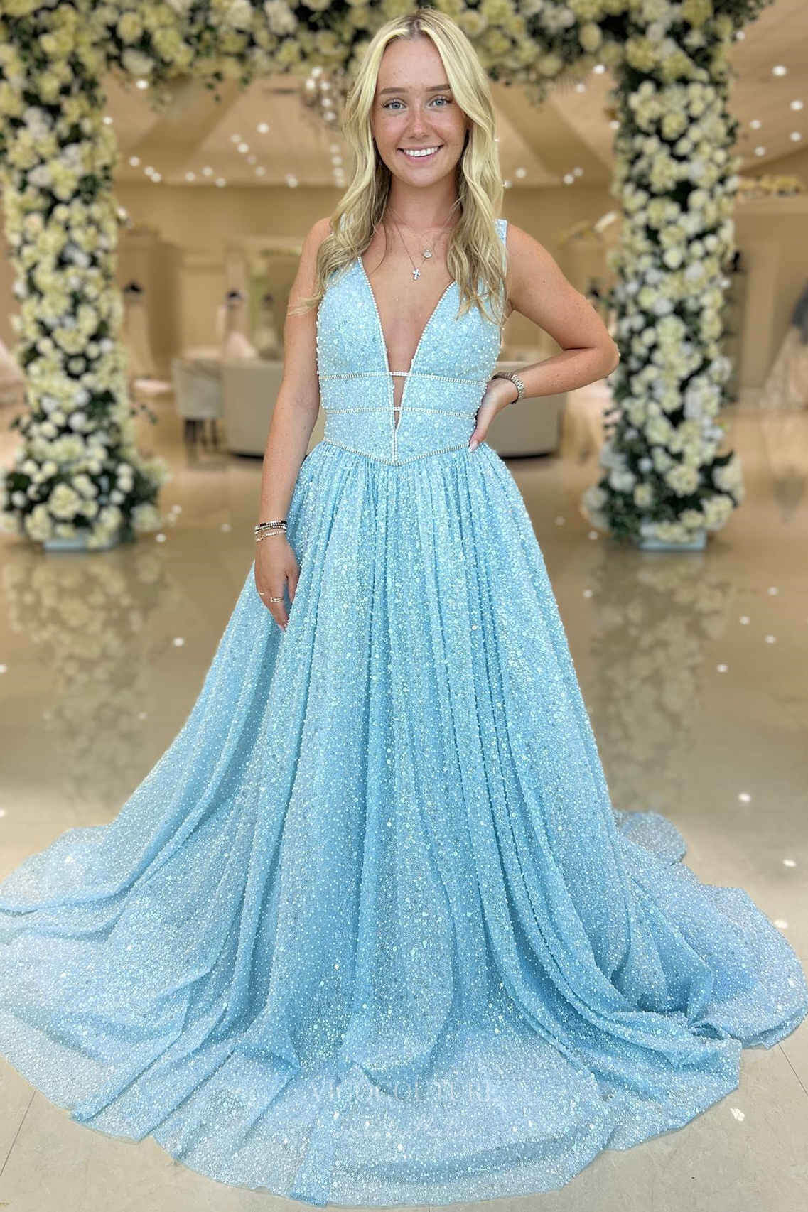 Light Blue Beaded Lace Prom Dresses 2024 Plunging V-Neck 24280 - Light Blue / 16W Light Blue Beaded Lace Prom Dresses 2024 Plunging V-Neck 24280 - Light Blue / 16W