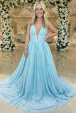 Prom Dress 2025 Light Blue Beaded Lace Prom Dresses 2024 Plunging V-Neck 24280-unique elegant Prom Dresses-Light Blue-Custom Size-vigocouture