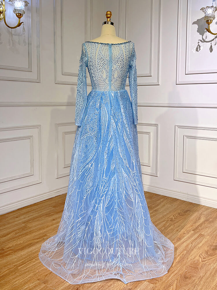 Light Blue Beaded Lace Prom Dresses Long Sleeve Sheath Evening