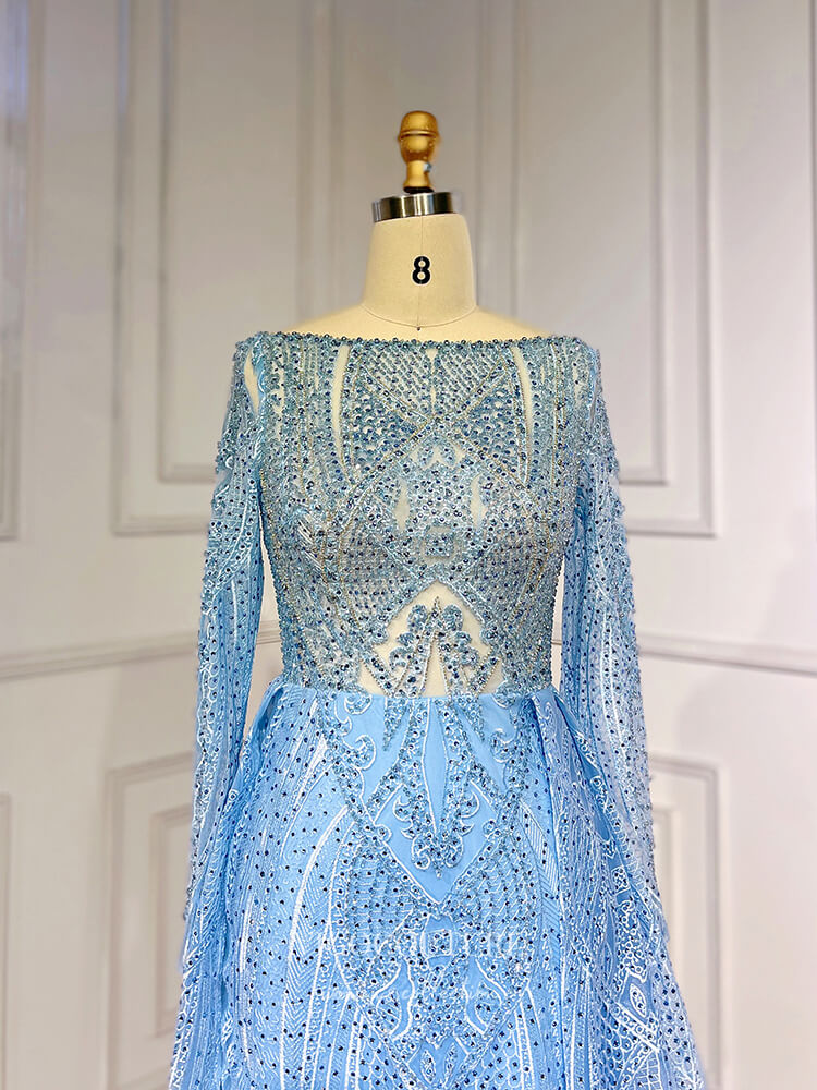 Prom Dress 2025 Light Blue Beaded Lace Prom Dresses Long Sleeve Sheath Evening Gown 22090-unique elegant Prom Dresses-Light Blue-US2-vigocouture