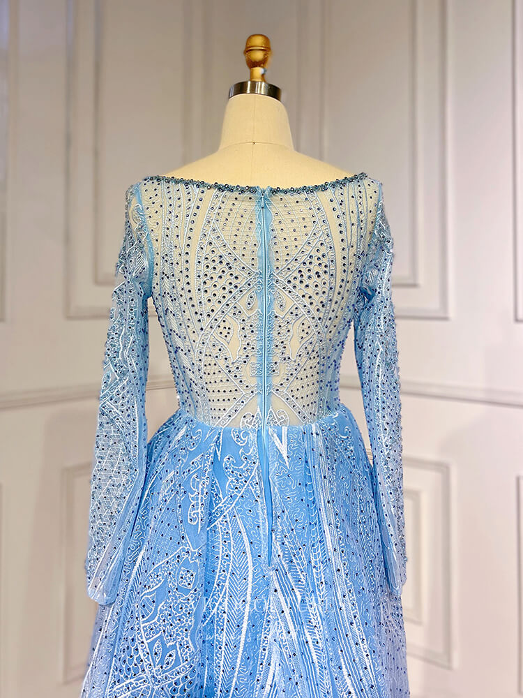 Prom Dress 2025 Light Blue Beaded Lace Prom Dresses Long Sleeve Sheath Evening Gown 22090-unique elegant Prom Dresses-Light Blue-US2-vigocouture