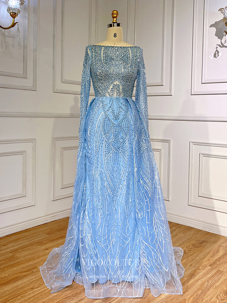 Prom Dress 2025 Light Blue Beaded Lace Prom Dresses Long Sleeve Sheath Evening Gown 22090-unique elegant Prom Dresses-Light Blue-US2-vigocouture