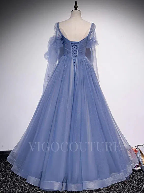 Prom Dress 2025 Light Blue Beaded Prom Dress 2022 Long Sleeve Prom Gown-unique elegant Prom Dresses-Light Blue-US2-vigocouture