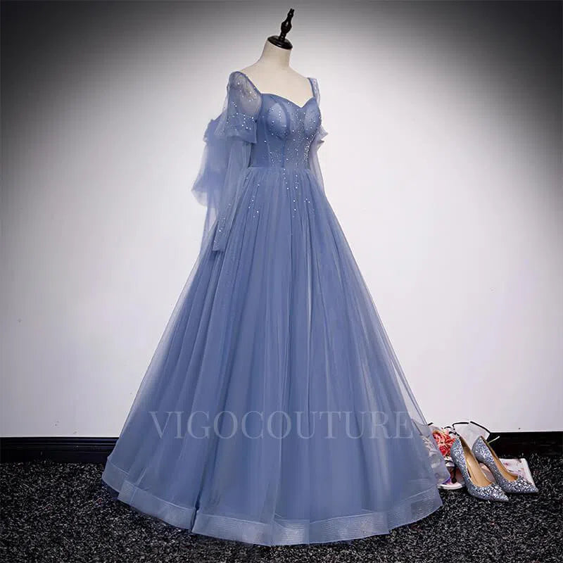 Prom Dress 2025 Light Blue Beaded Prom Dress 2022 Long Sleeve Prom Gown-unique elegant Prom Dresses-Light Blue-US2-vigocouture