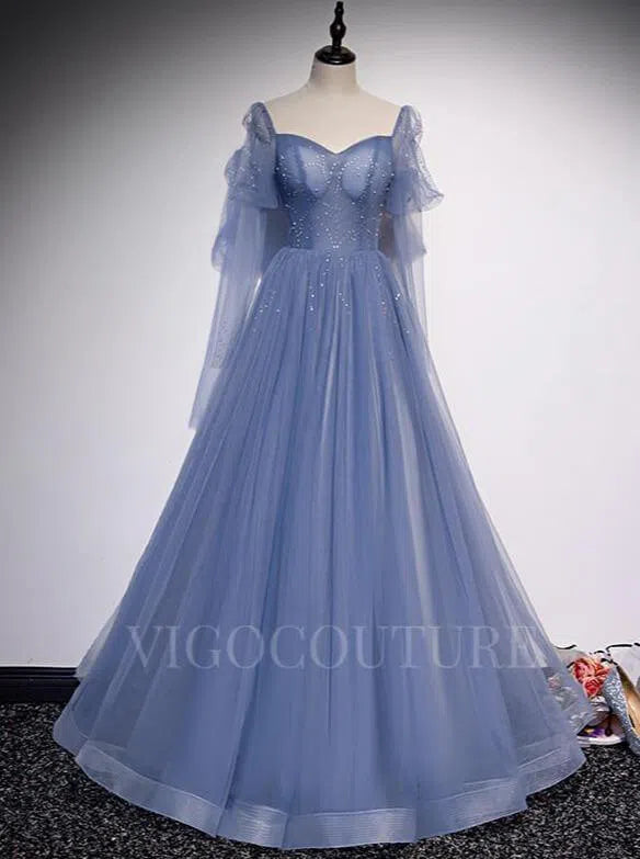 Prom Dress 2025 Light Blue Beaded Prom Dress 2022 Long Sleeve Prom Gown-unique elegant Prom Dresses-Light Blue-US2-vigocouture