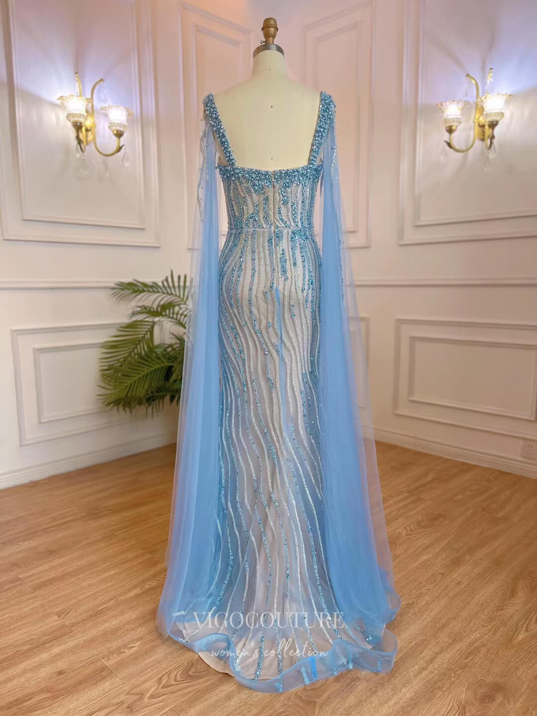 Light Blue Beaded Prom Dresses Cape Sleeve 1920s Pageant Dress 22123 - Light Blue / US4 Light Blue Beaded Prom Dresses Cape Sleeve 1920s Pageant Dress 22123 - Light Blue / US4