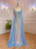 Light Blue Beaded Prom Dresses Cape Sleeve 1920s Pageant Dress 22123