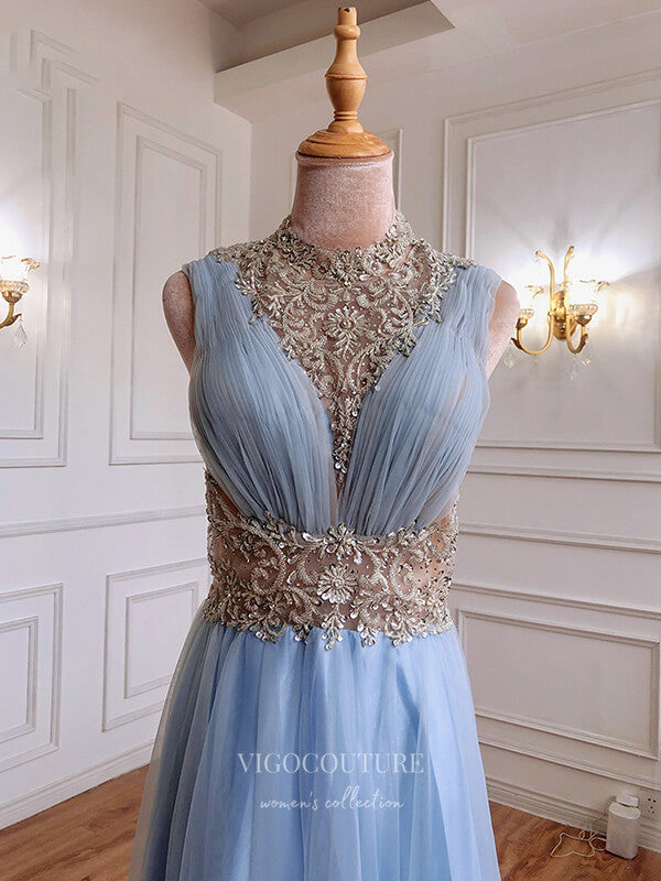 Prom Dress 2025 Light Blue Beaded Prom Dresses High Neck Formal Dresses 21287-unique elegant Prom Dresses-Light Blue-US2-vigocouture