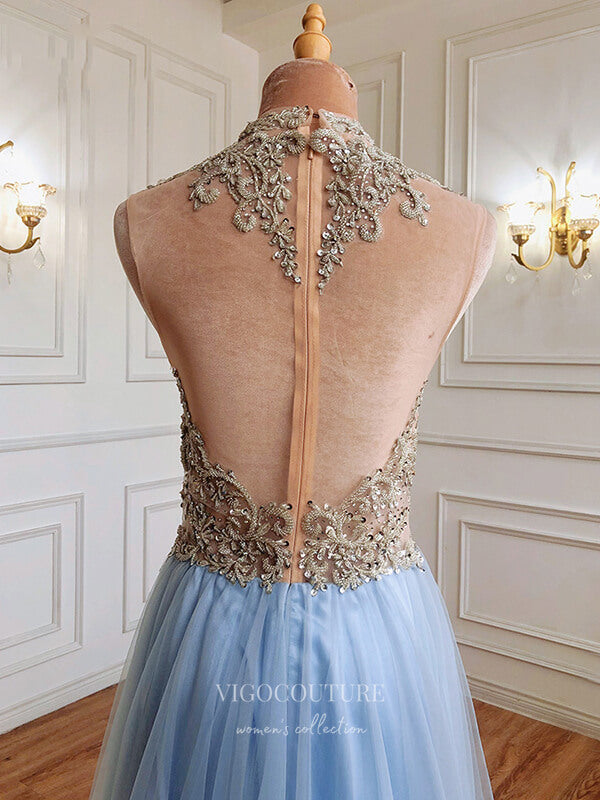 Light Blue Beaded Prom Dresses High Neck Formal Dresses 21287 Custom Colors / US2 Light Blue Beaded Prom Dresses High Neck Formal Dresses 21287 Custom Colors / US2