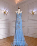 Light Blue Beaded Prom Dresses Sheath 20s Evening Dress 22120