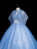 Prom Dress 2025 Light Blue Beaded Quinceanera Dresses Bat Sleeve Princess Dresses 21413-unique elegant Prom Dresses-Light Blue-Custom Size-vigocouture