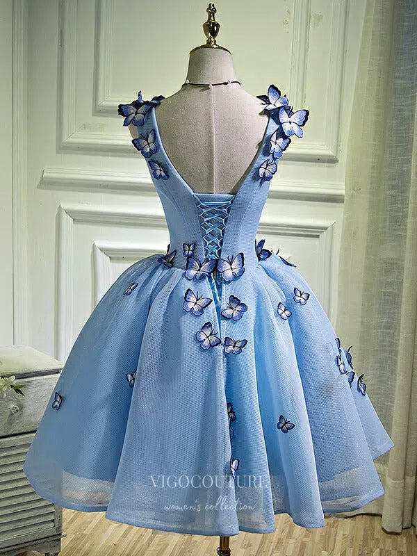 Short Prom Dresses 2025 Light Blue Butterfly Dress V-Neck Dama Dresses hc095-Prom Dresses-vigocouture-vigocouture