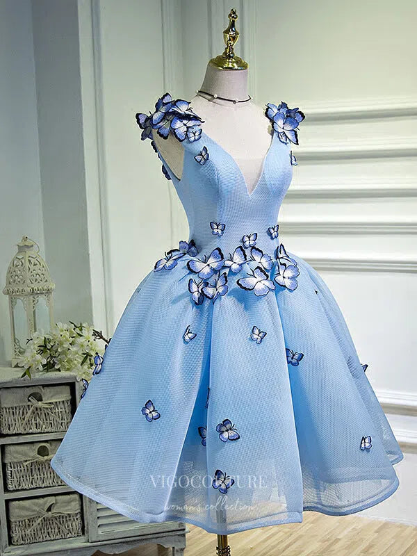 A Line V Neck Short Blue Prom Dresses with Butterfly, Short Blue Formal Homecoming Dresses, US 16 / Blue as Pics / No Rush A Line V Neck Short Blue Prom Dresses with Butterfly, Short Blue Formal Homecoming Dresses, US 16 / Blue as Pics / No Rush