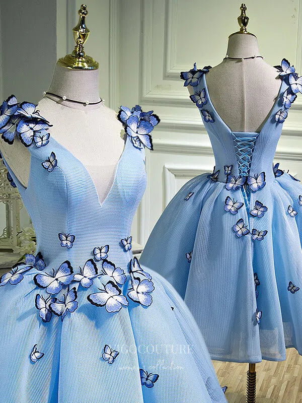 Short Prom Dresses 2025 Light Blue Butterfly Dress V-Neck Dama Dresses hc095-Prom Dresses-vigocouture-vigocouture