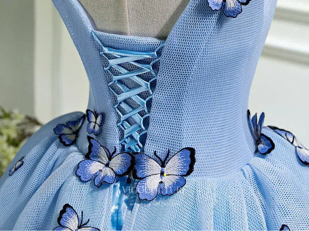 A Line V Neck Short Blue Prom Dresses with Butterfly, Short Blue Formal Homecoming Dresses, US 16 / Blue as Pics / No Rush A Line V Neck Short Blue Prom Dresses with Butterfly, Short Blue Formal Homecoming Dresses, US 16 / Blue as Pics / No Rush
