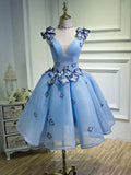 Light Blue Butterfly Dress V-Neck Dama Dresses hc095